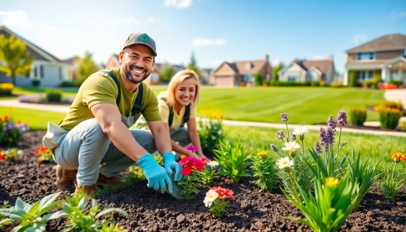 Landscapers near me creating a beautiful garden with teamwork and vibrant flowers.
