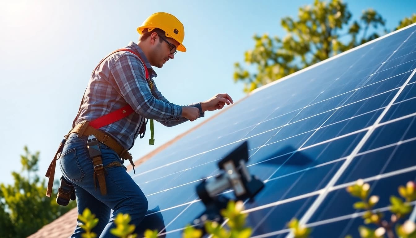 Inspecting solar maintenance New Jersey with a technician on a rooftop, showcasing safety and expertise.