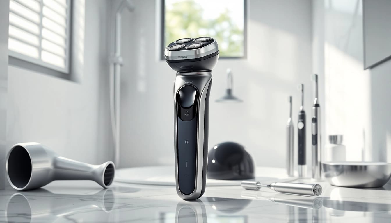 Showcase Laifentech's electric shaver set stylishly on a marble counter, highlighting modern grooming.