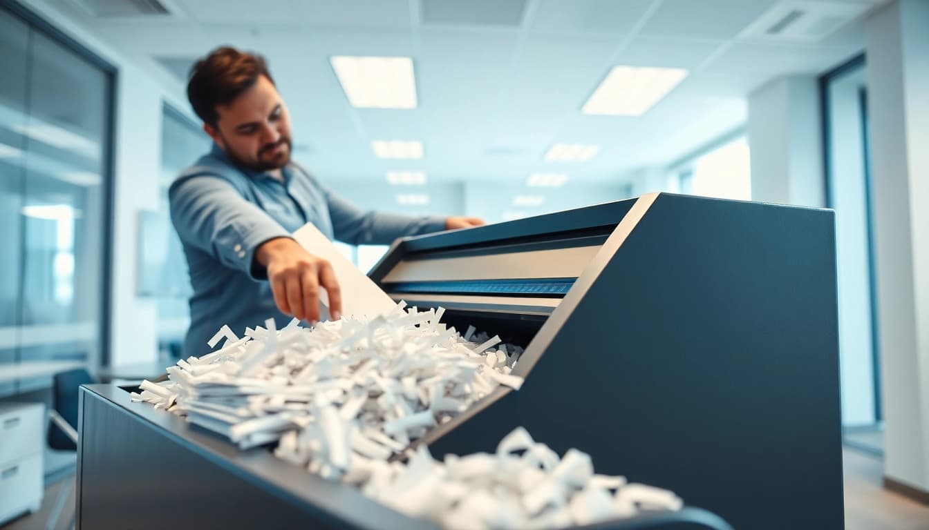 Secure on-site shredding Cleveland professional shredding service in action with a technician using an industrial shredder.