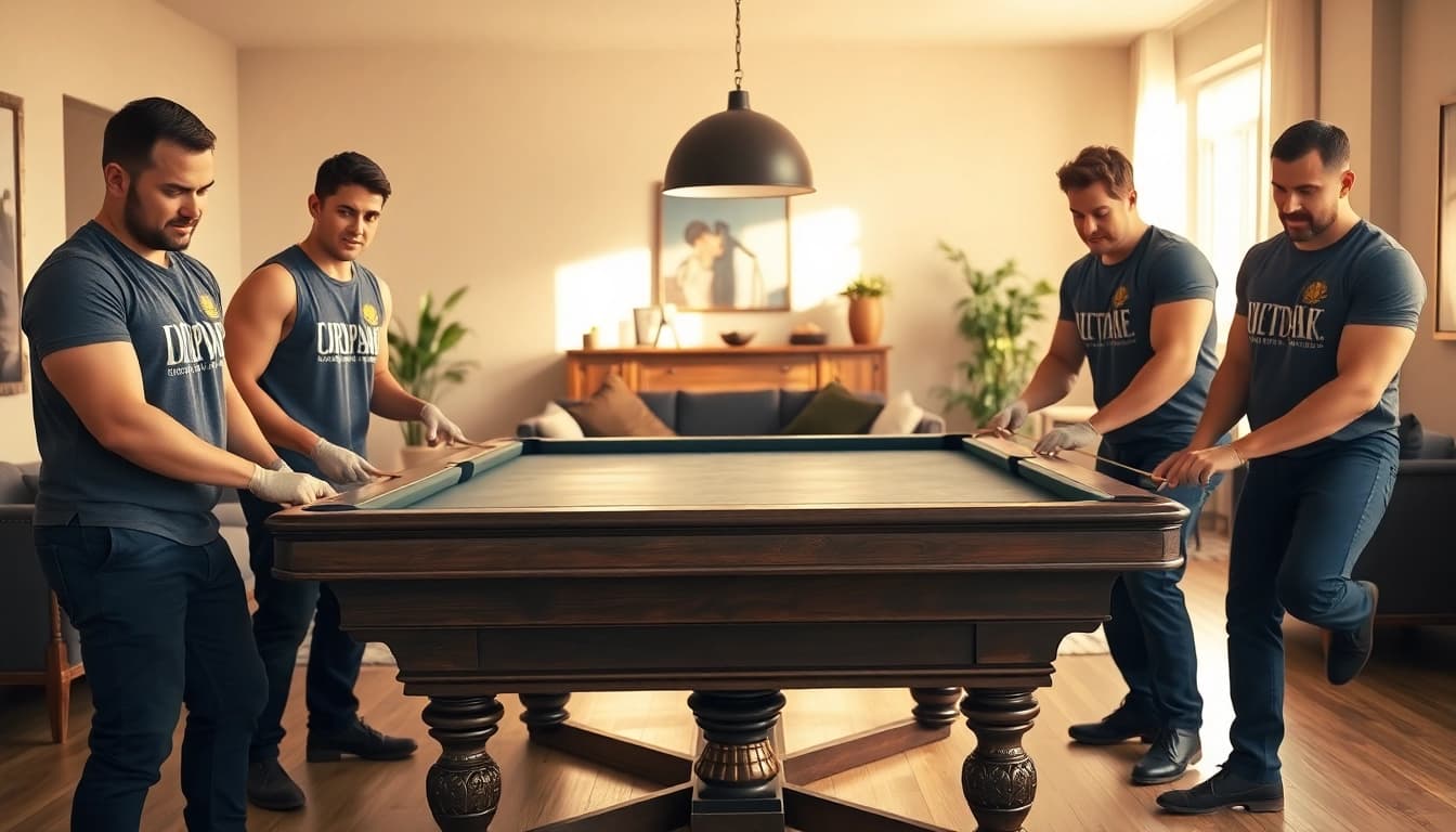 Pool table movers dallas skillfully relocating a vintage slate table in a home.
