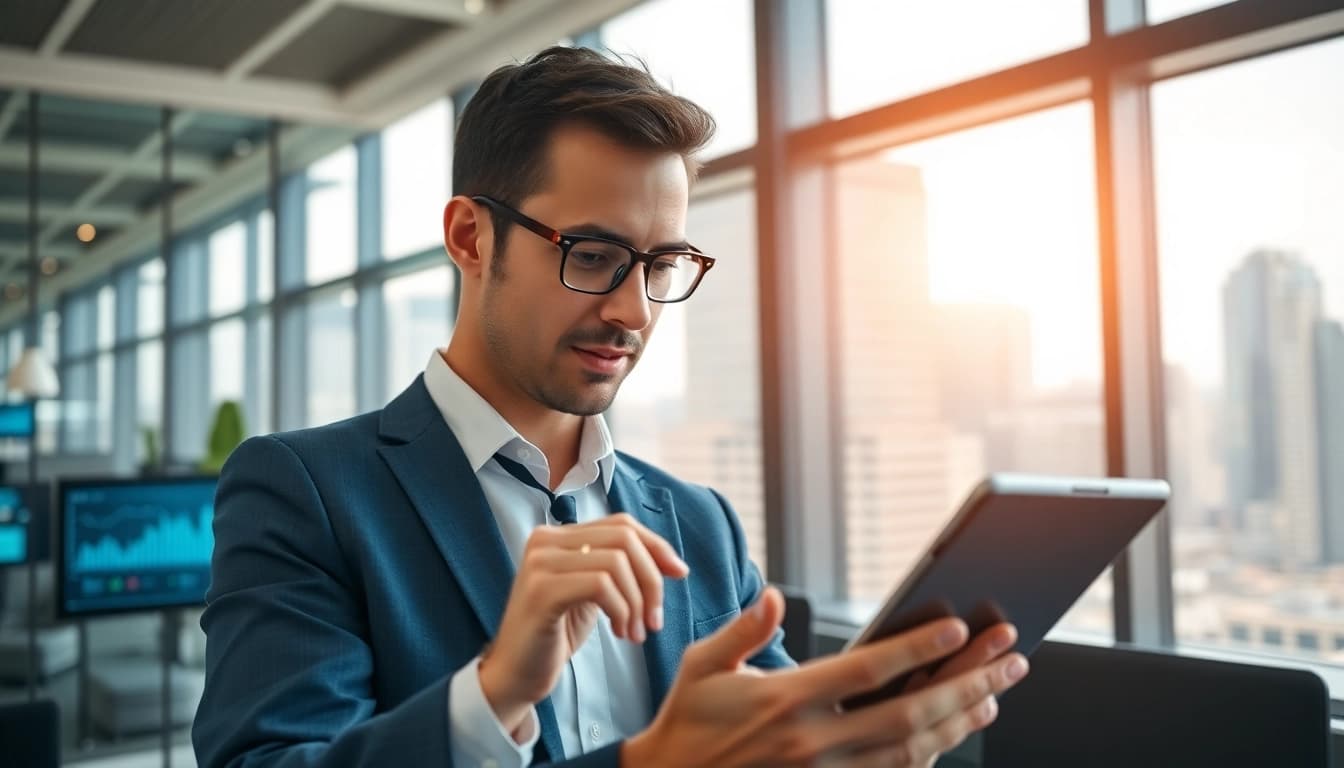 Showcase of a professional using sales AI software in an advanced office environment.
