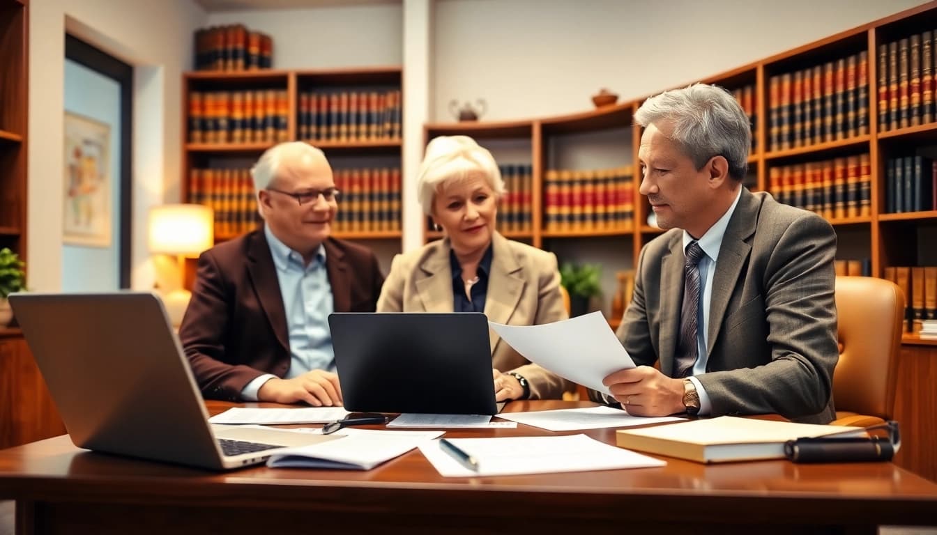 Couple consulting about wills in a well-lit office with legal documents.