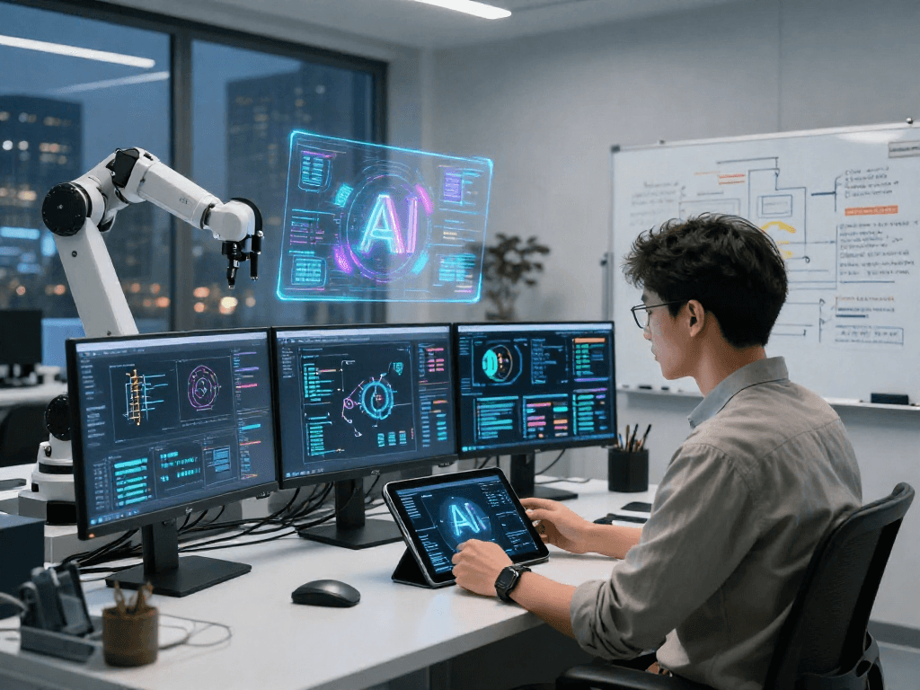 AI Detector software analysis in a futuristic research lab with multiple monitors and real-time data.