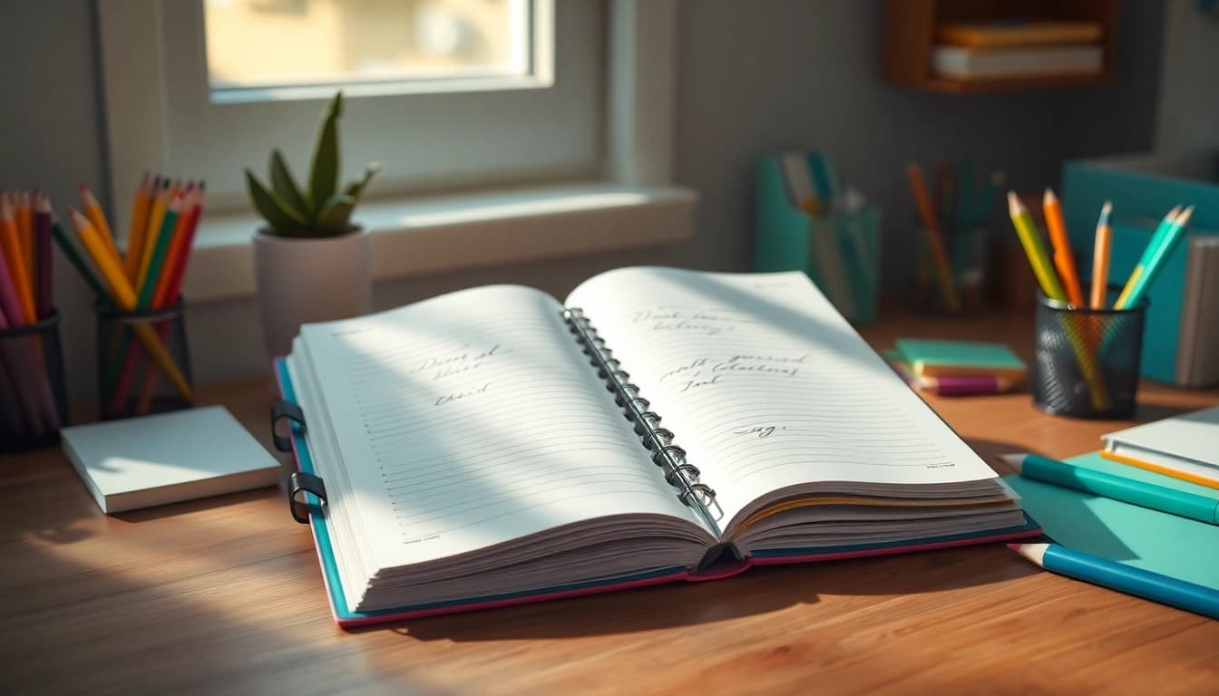 Create a stylus-friendly planner visualization with elegant design and smooth paper on a wooden desk.