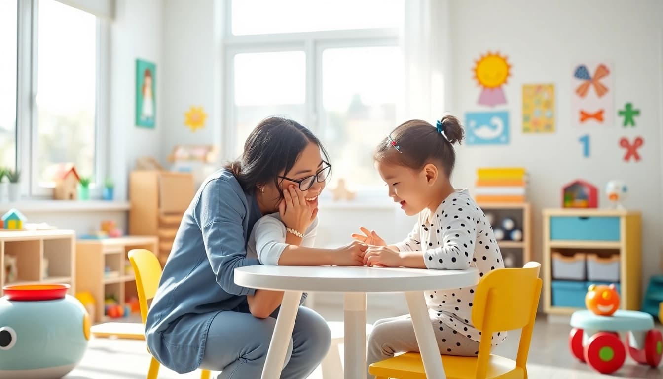 Children engaging in ABA therapy for kids with a caring therapist in a bright atmosphere.