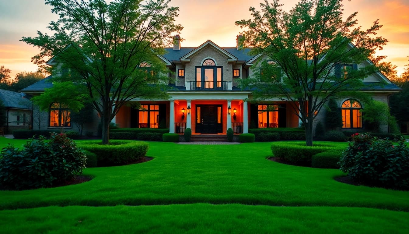 Stunning real estate photography captures an elegant home during sunset with warm lighting.