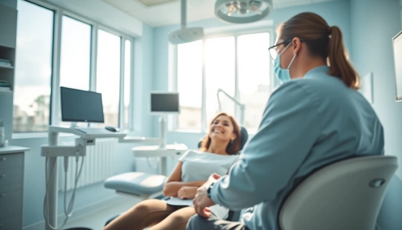 Experienced entist in grand rapids Minnesota consulting with a patient in a bright clinic.