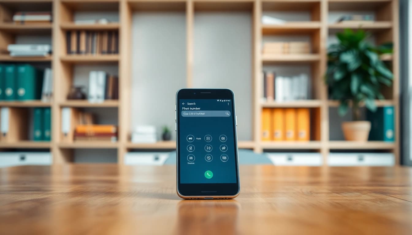 Engage in a phone number search uk on a sleek smartphone displayed in a professional office.