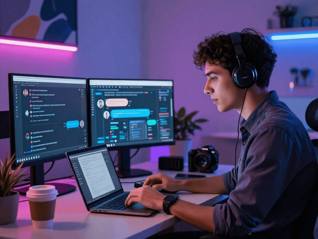 Engaging ai nsfw chat with a young professional in a vibrant tech workspace