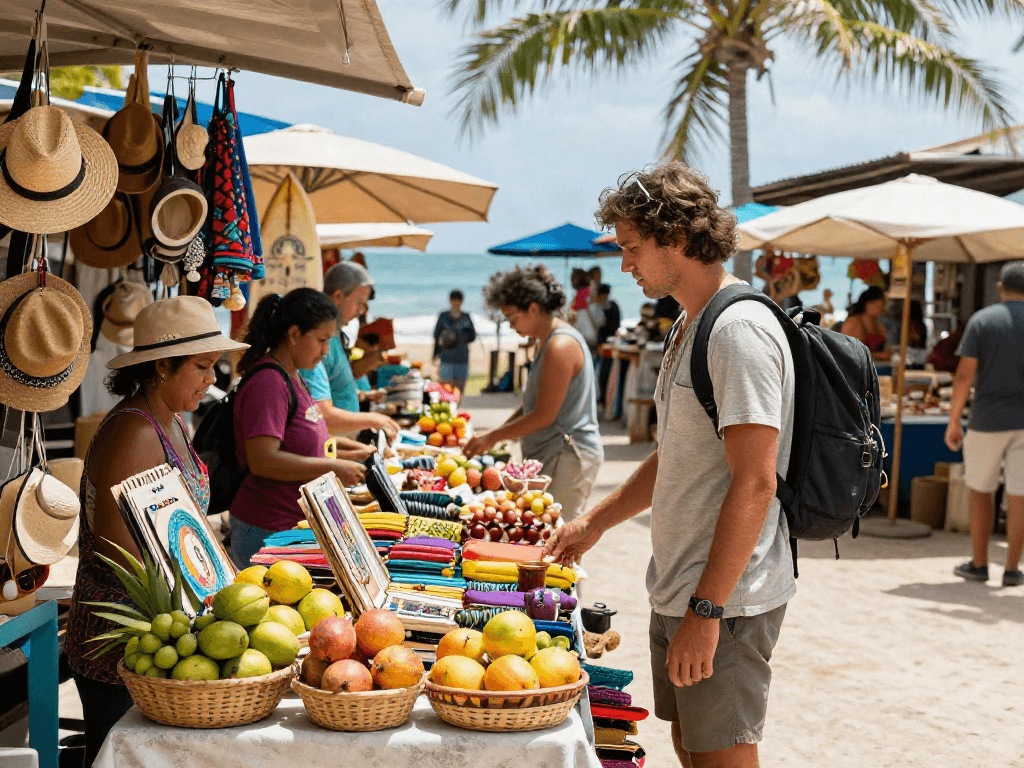 Explore slot qris offerings at a vibrant coastal market filled with local crafts and fresh fruits.