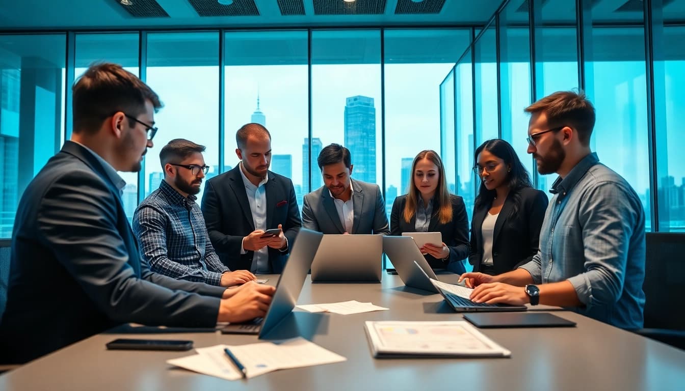 Achieving cyber essentials certification by a cybersecurity team in a modern office setting.