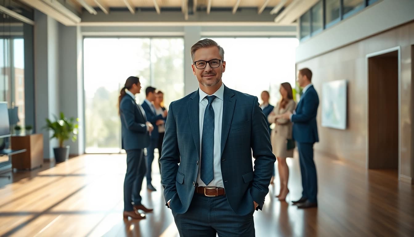 Showcasing Executive Presence in a modern office environment with a confident leader and engaged team.