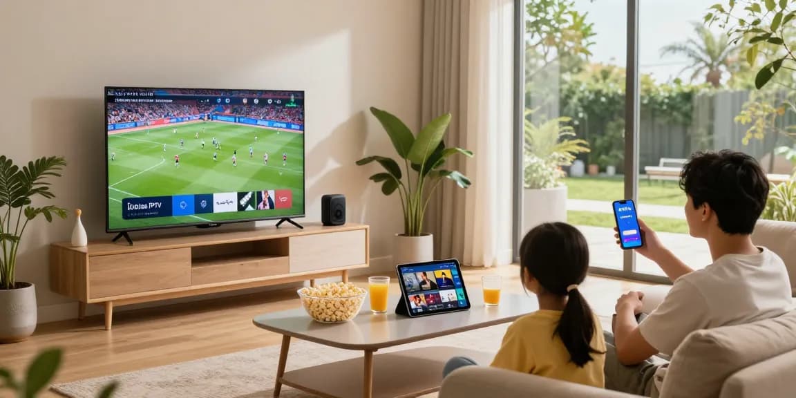Family enjoying atlas pro iptv on smart TV and tablets in a cozy living room.