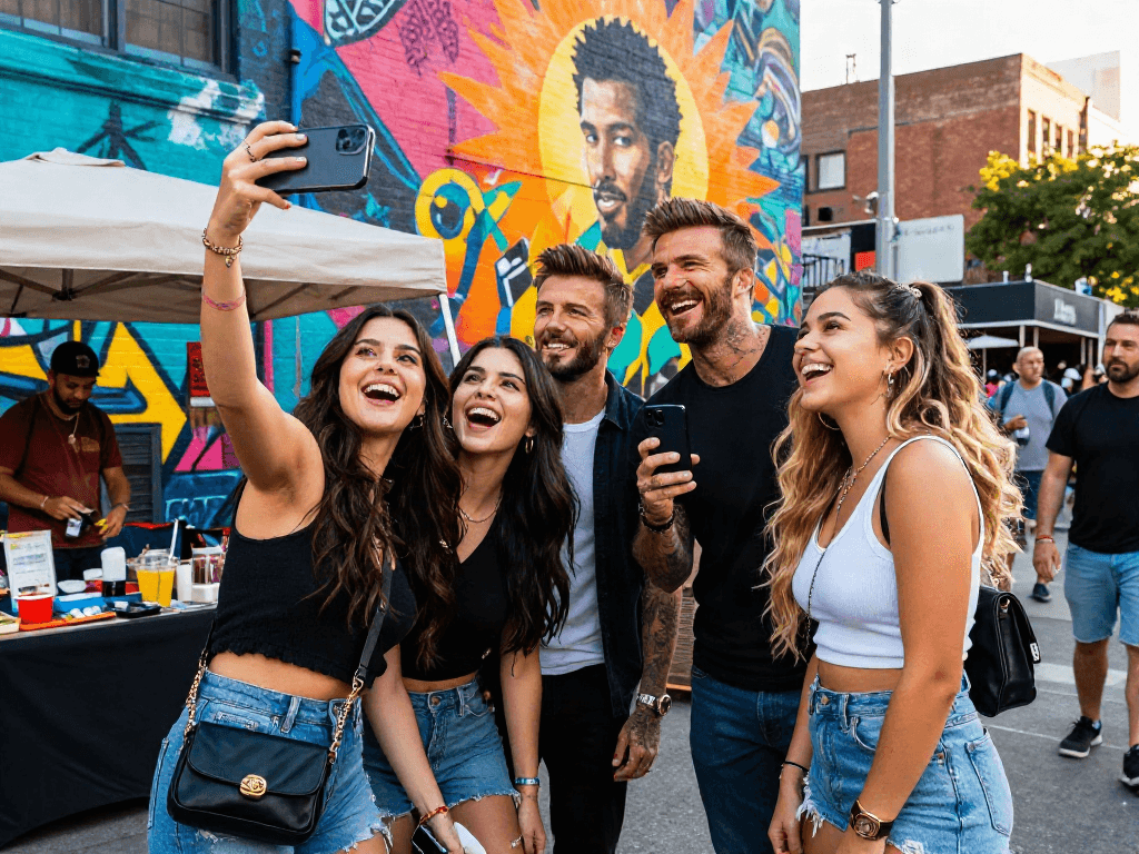 Friends taking selfies, look like celebrities including Selena Gomez and David Beckham, vibrant urban mural background.