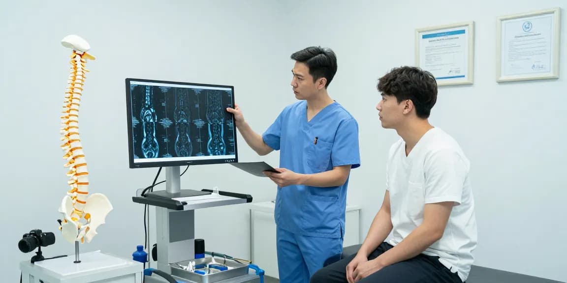 Understanding bel kayması ameliyatı in a clinical exam room with a focused surgeon and concerned patient.