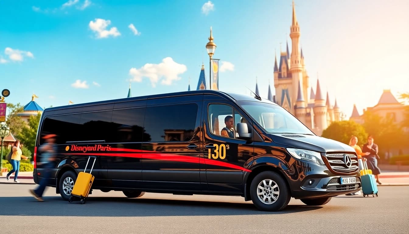 Facilitate an unforgettable disney paris airport transfer experience with a joyful family arriving at Disneyland Paris.