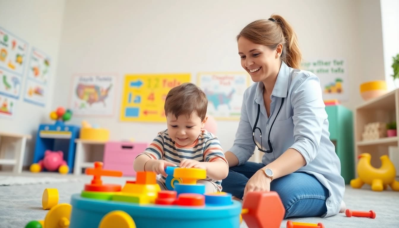 Engaging ABA therapy for kids session with a professional therapist and child in a bright room.