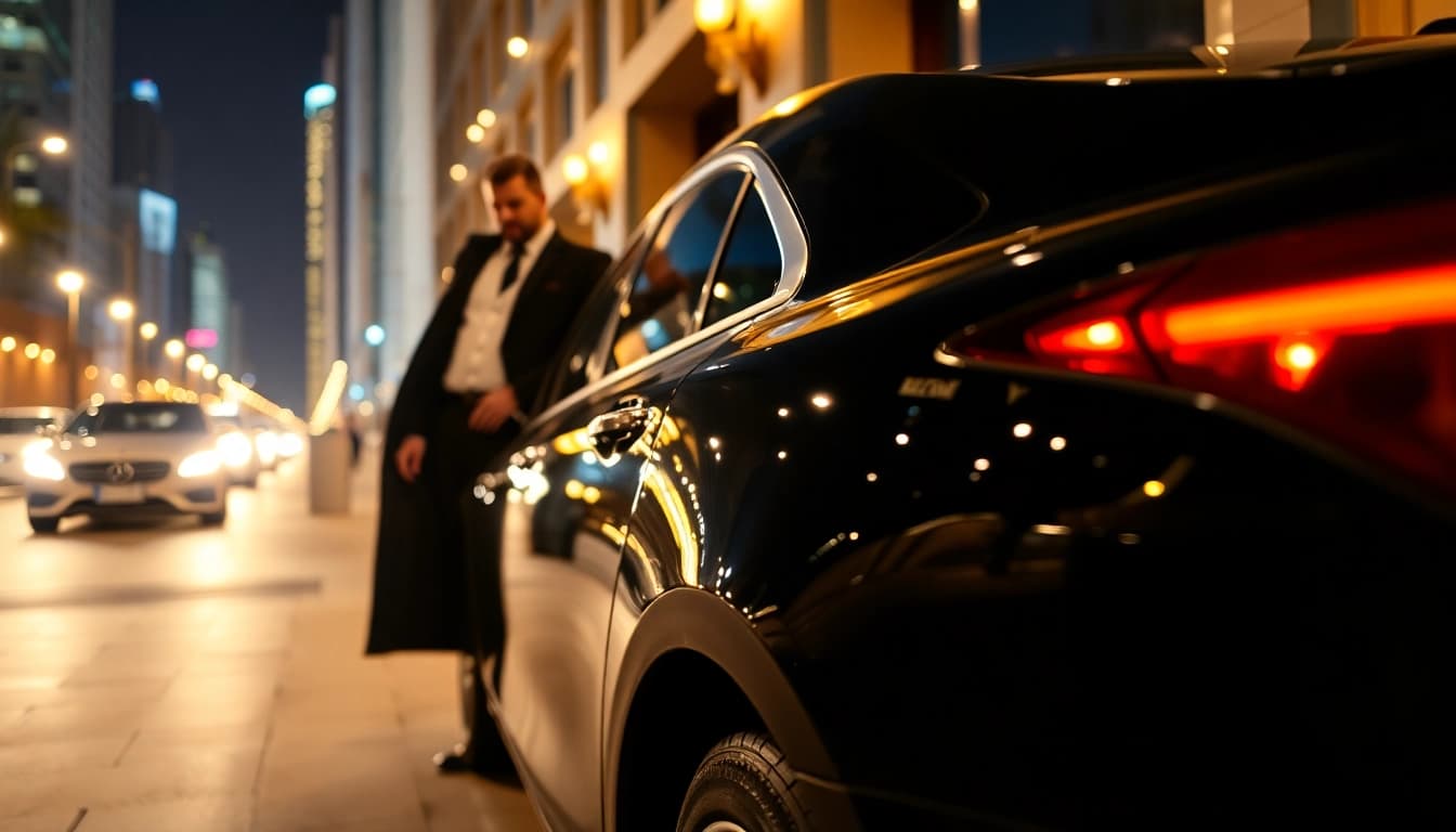 Experience premium black car service with a chauffeur awaiting at a luxury hotel, showcasing elegance.