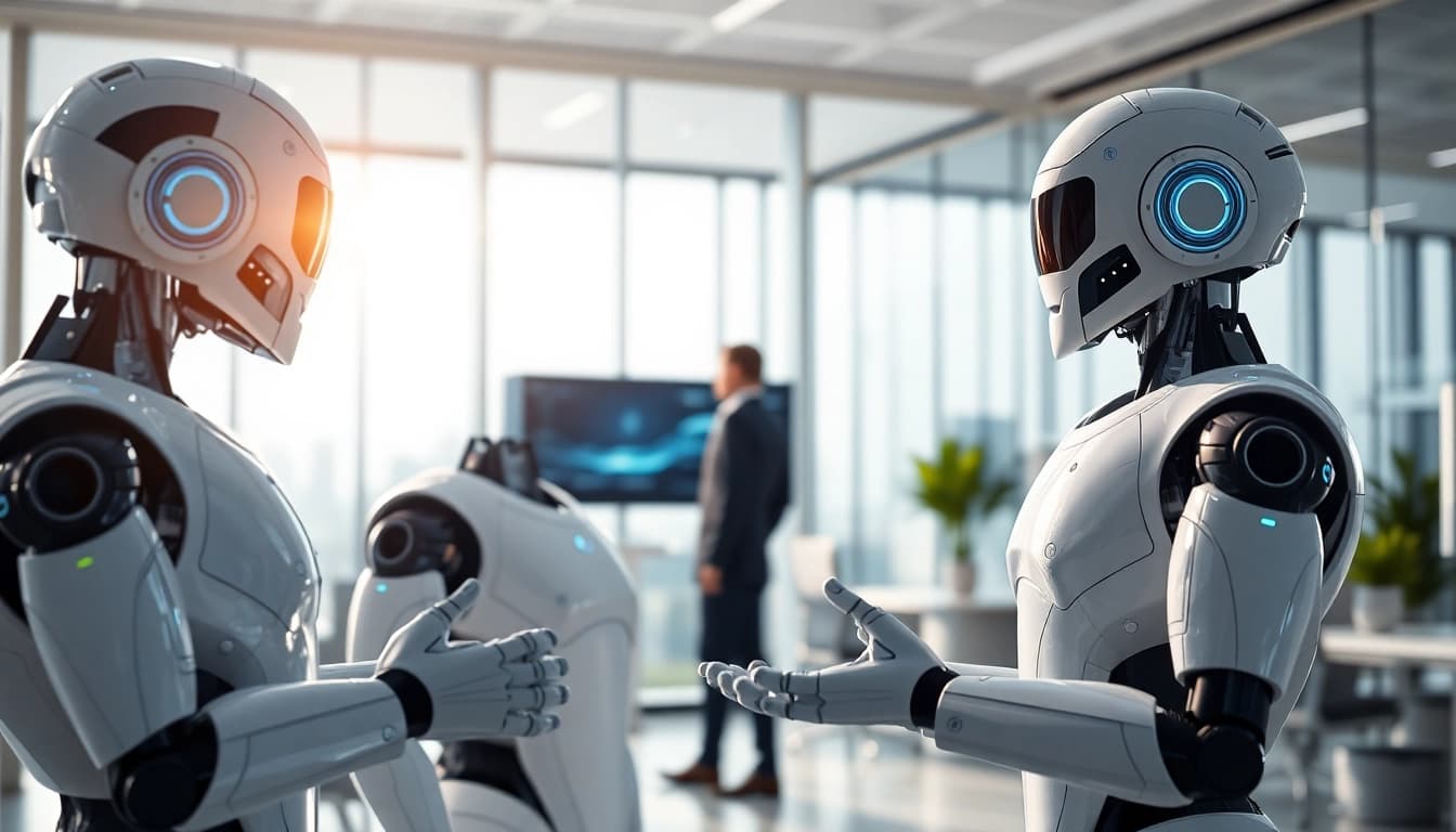 AI Bots engaged in a collaborative discussion in a modern workspace.