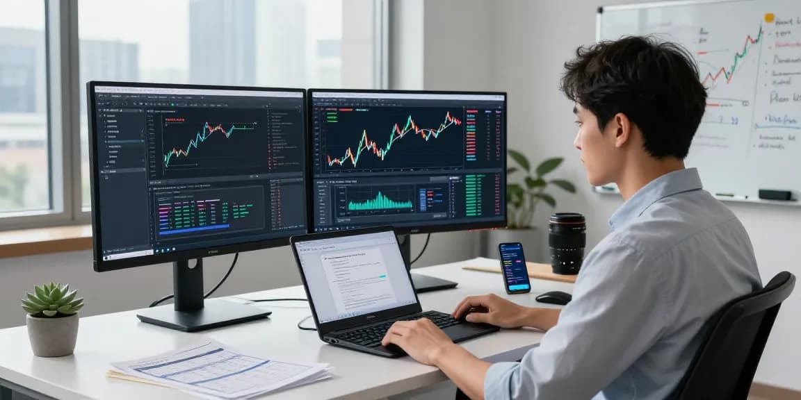 Dynamic workspace showcasing forex high frequency tick API development with live data screens and coding.