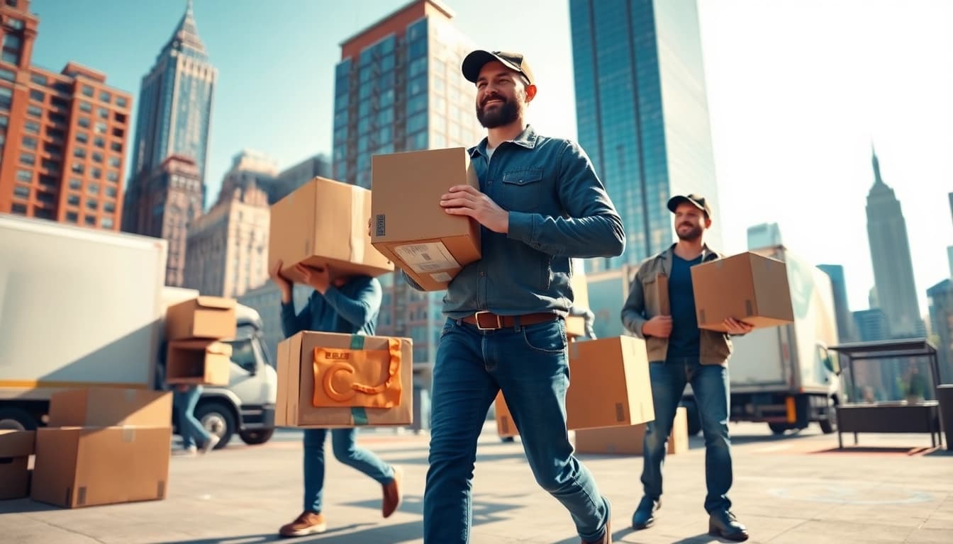 Residential movers NYC transporting boxes efficiently in New York's vibrant environment.