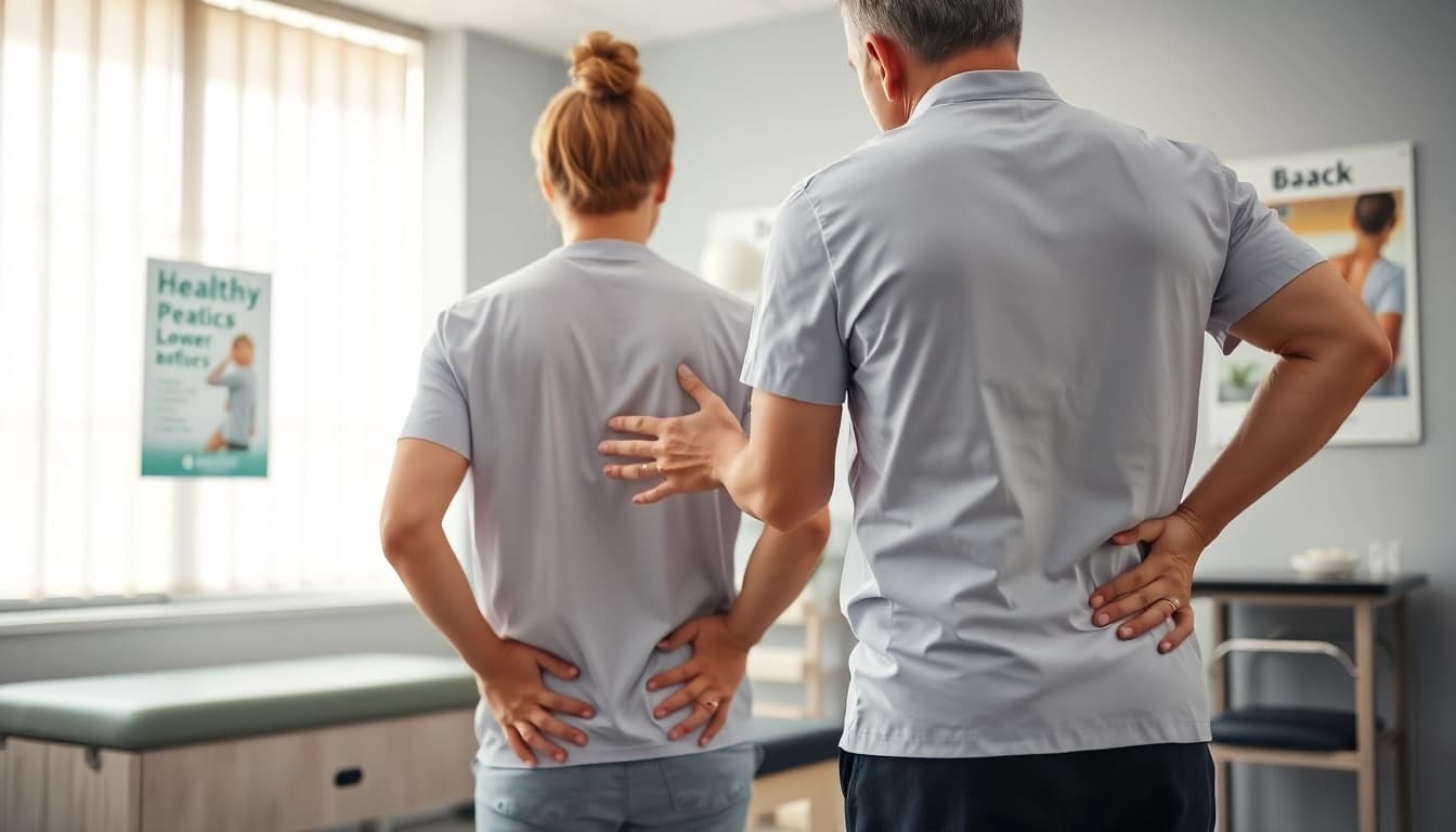 Physiotherapist treats a patient with lower back pain in a calming clinic environment.