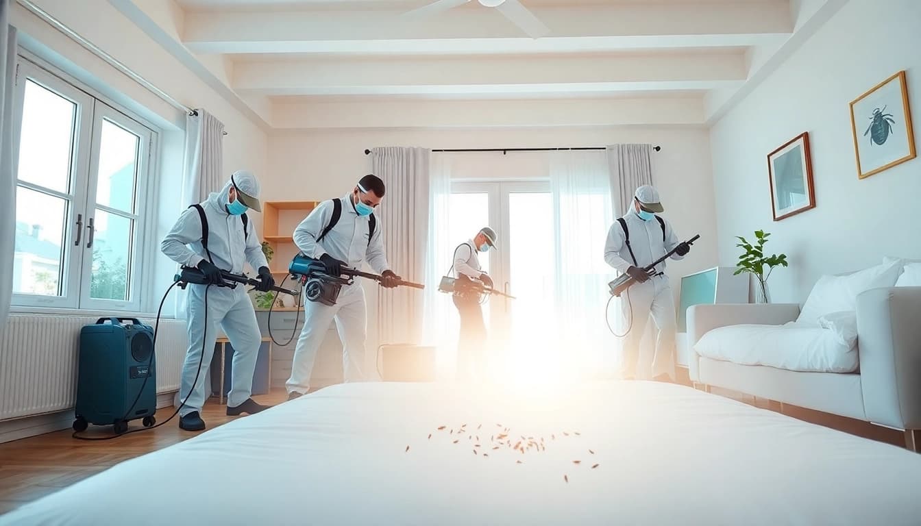 Bed bug exterminators providing professional treatment in a clean environment.