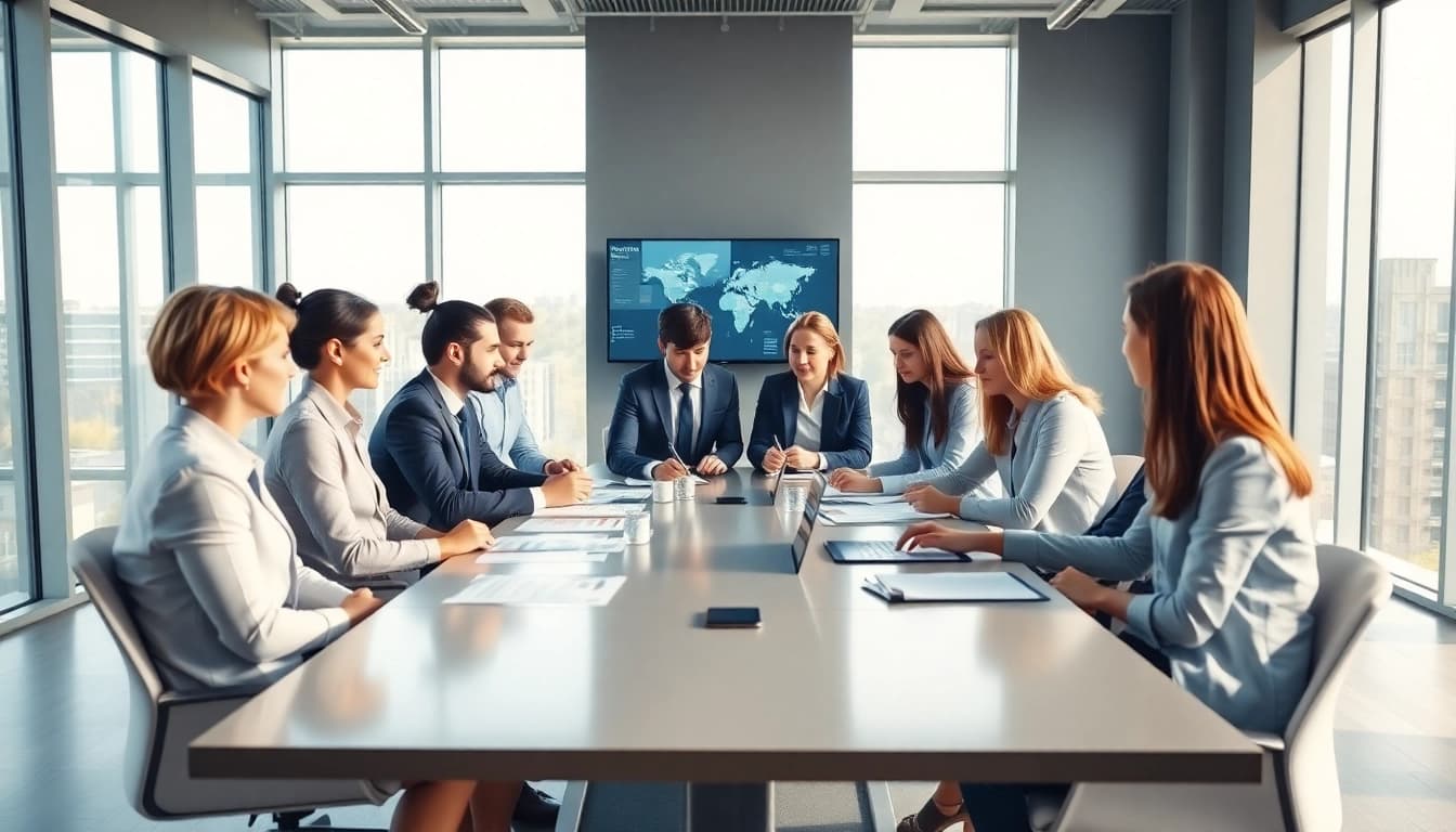 Discussing business contract ee in a modern office setting with diverse professionals.