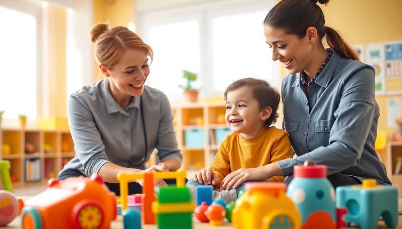 Conducting fun ABA therapy for kids, a therapist and child engage positively in a playroom.