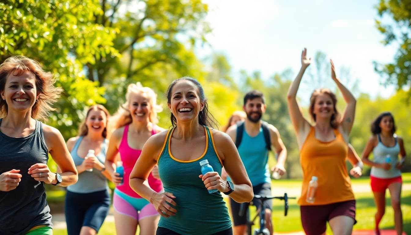 People enjoying a Healthy Life outdoors through exercise and community activities.