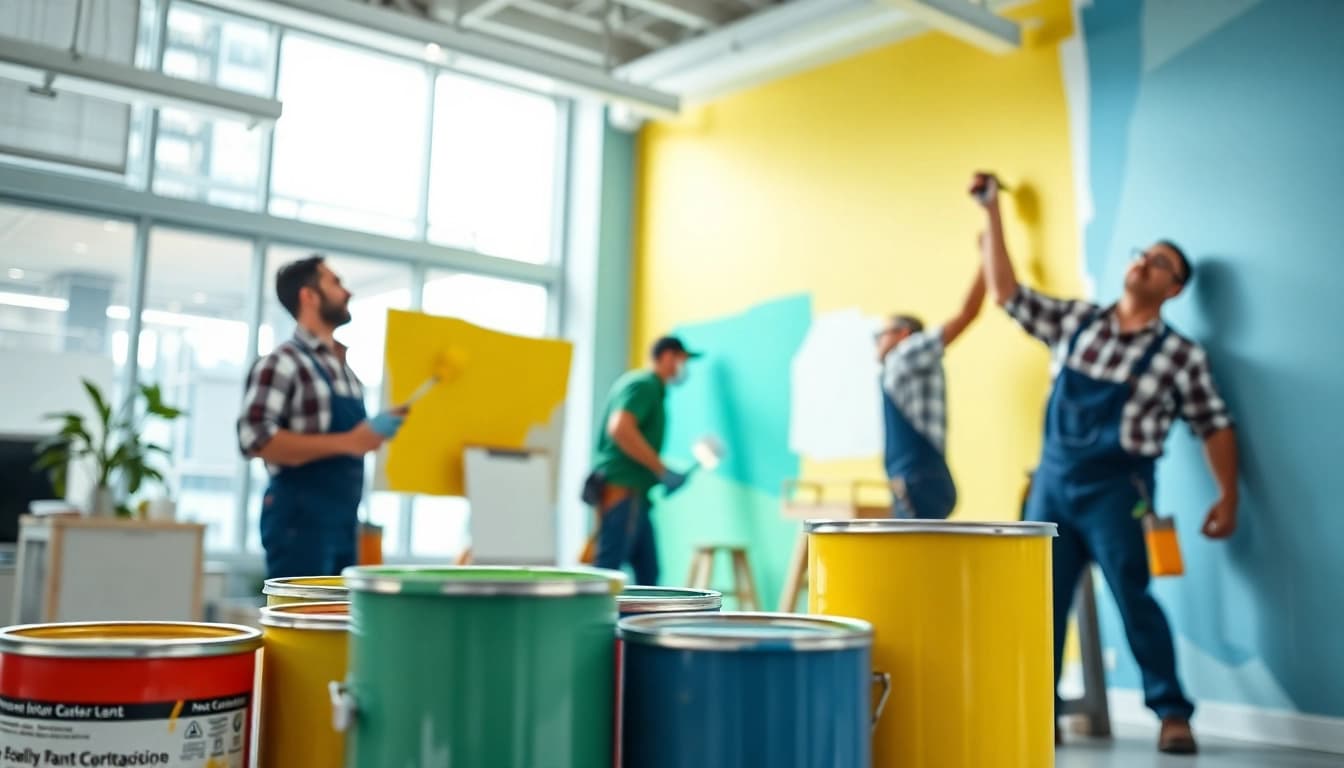 Commercial paint contractor applying fresh paint in an office setting, showcasing vibrant colors.