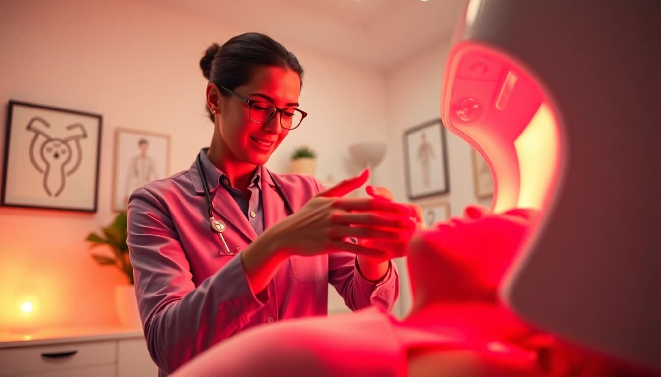 A therapist performs red light therapy St. Albert treatment in a serene clinic environment.