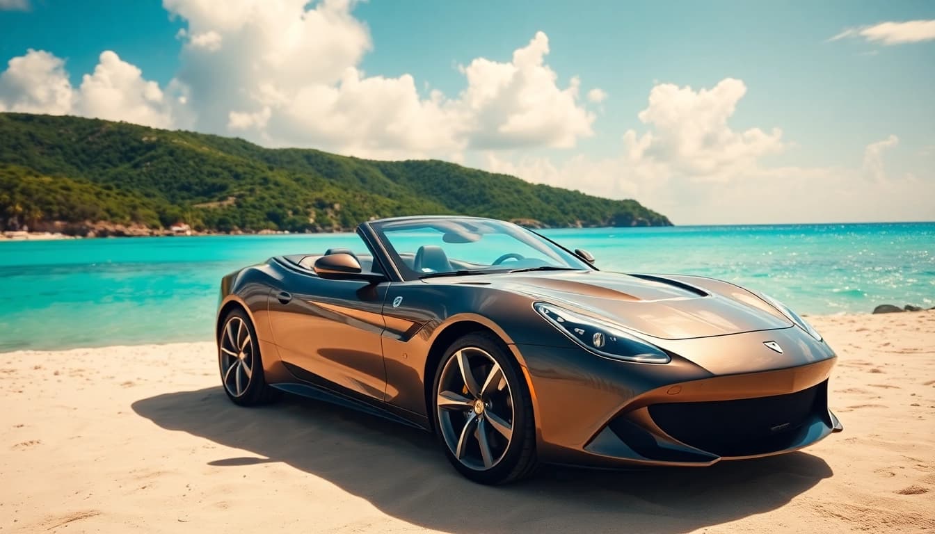 Experience a convertible car rental st barts against a picturesque beach backdrop.