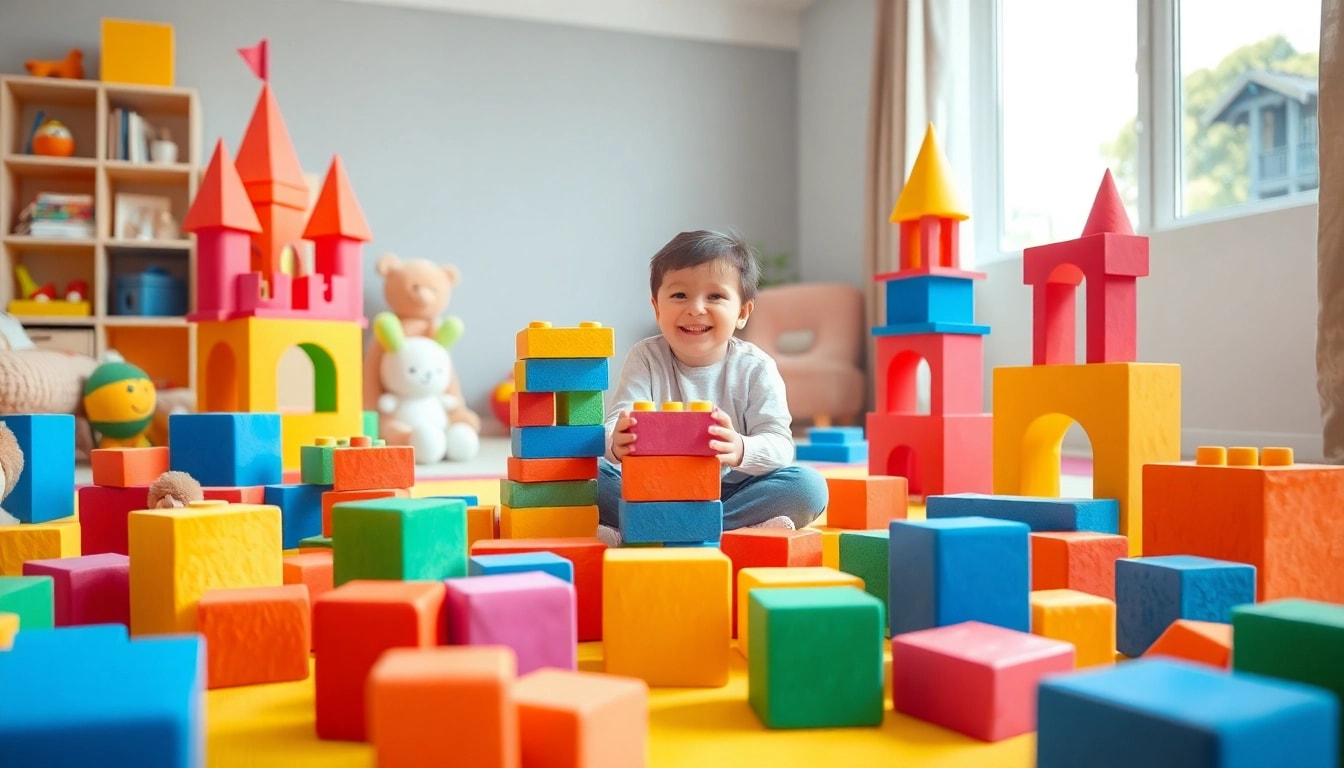 Read more here about a child joyfully stacking soft foam building blocks in a bright playroom.