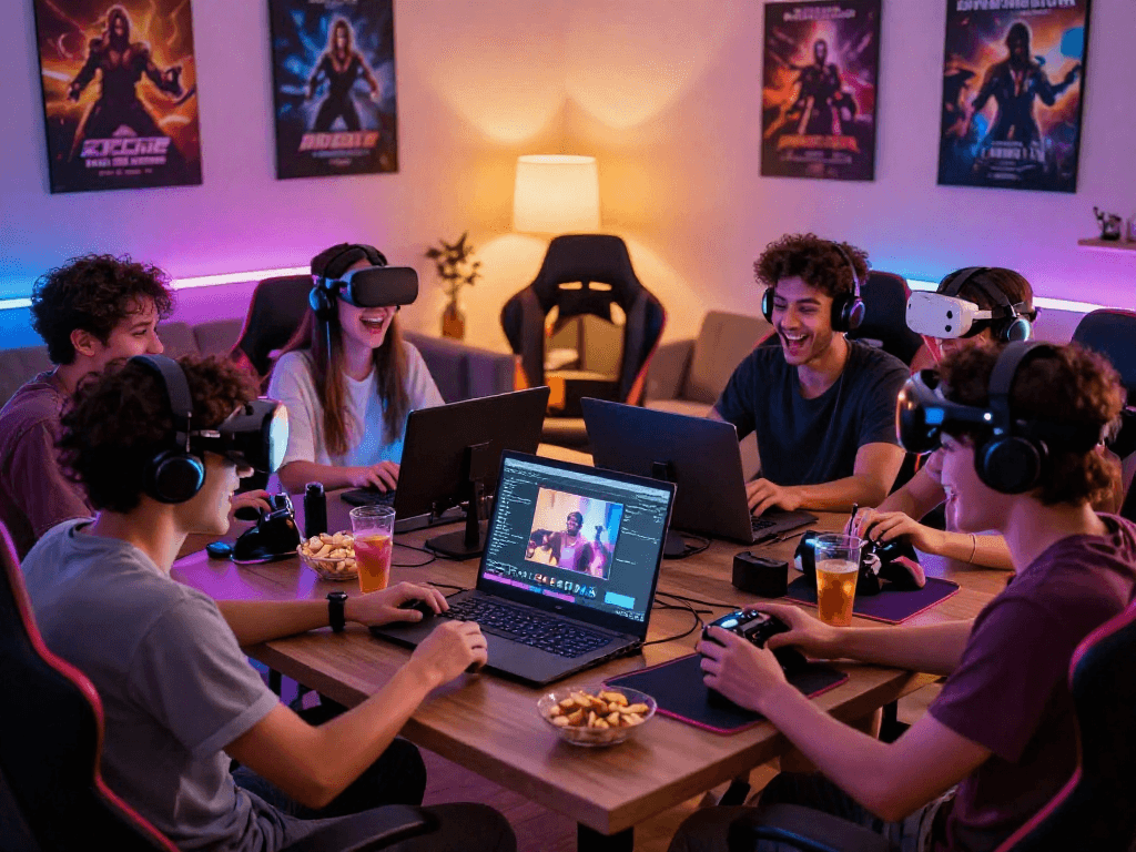 Group enjoying sex games online in a cozy gaming environment with snacks and modern tech.