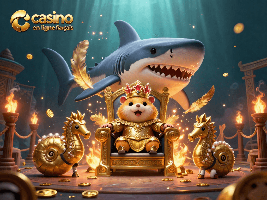 Illustration dynamique du casino en ligne français avec un roi hamster et des gardes, entourés d'effets de rêve.