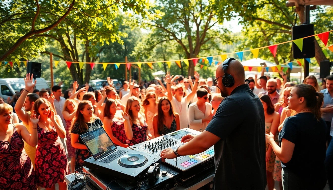Simbolizând muzica de petrecere, un DJ entuziast animă evenimentul în aer liber.