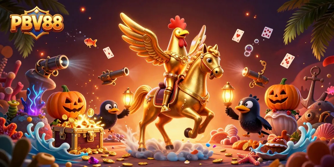 Experience the thrill of PBV88 with a golden rooster riding a spectral horse in a vibrant casino scene.