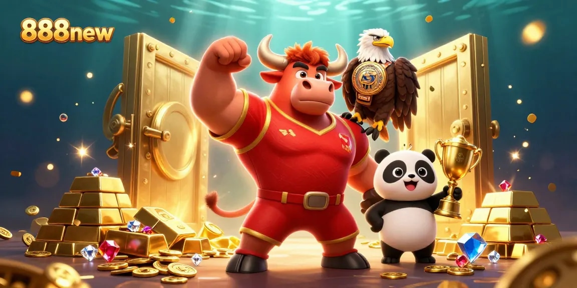 Win big with 888new as a muscular bull mascot celebrates amidst golden treasures and vivid gaming elements.