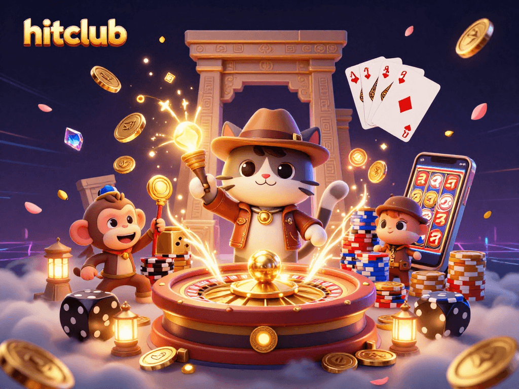 Experience thrilling wins at hitclub with an archaeologist cat and monkey discovering casino treasures.