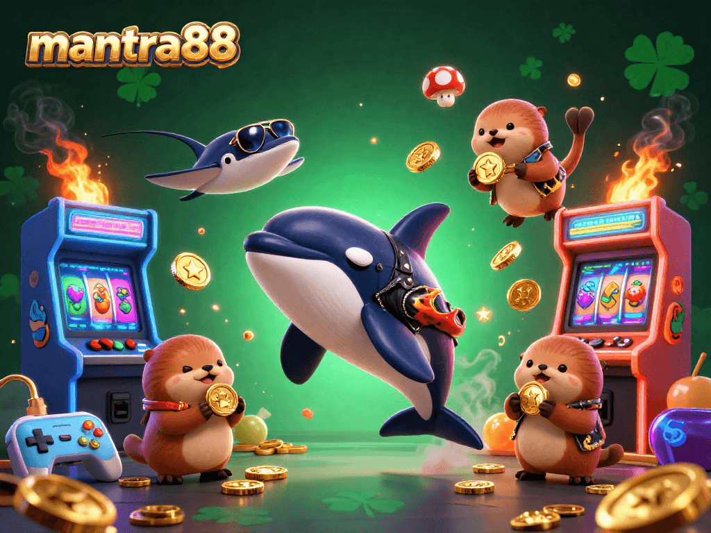 Experience thrilling action with mantra88 as a biker orca, stingray, and otters join the fun in a vibrant casino scene.