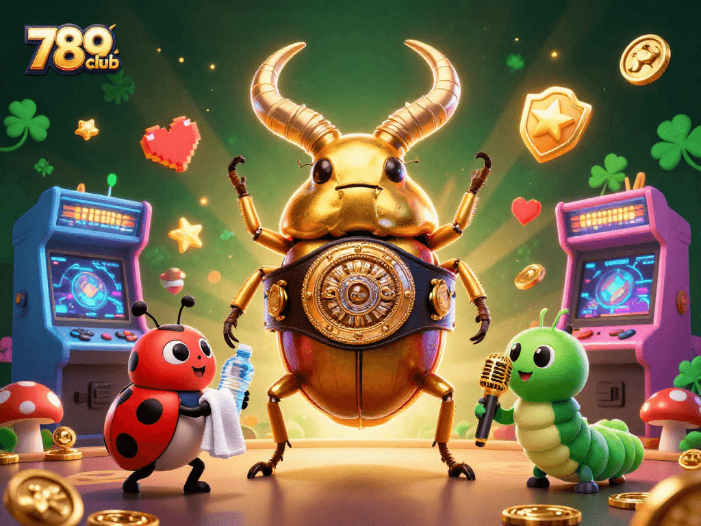Engage with the vibrant 789club experience through an exciting 3D illustration of a golden stag beetle in a boxing ring.