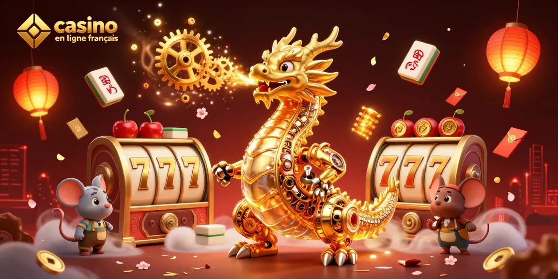 Visitez les casinos en ligne français avec cette illustration captivante, dragon mécanique doré et éléments de jeu.