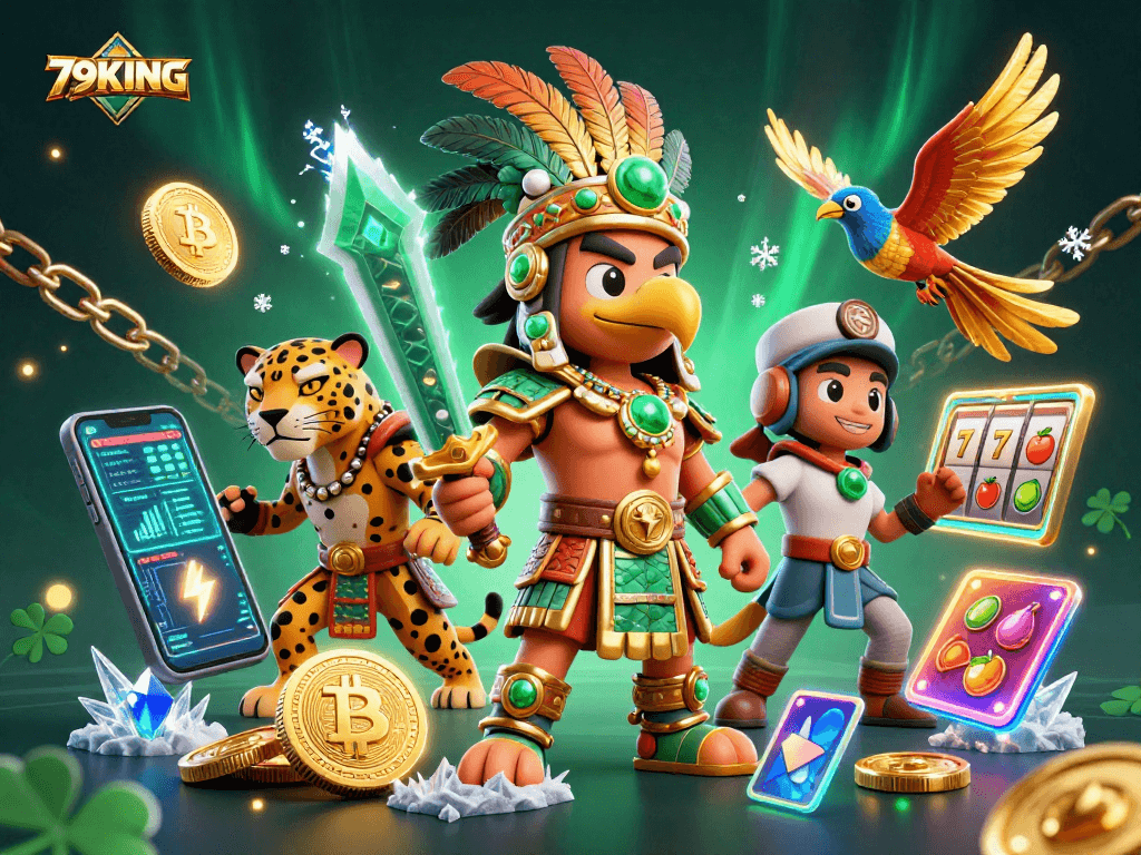 Engage in dynamic gaming with 79KING amidst vibrant Aztec warriors and crypto elements.