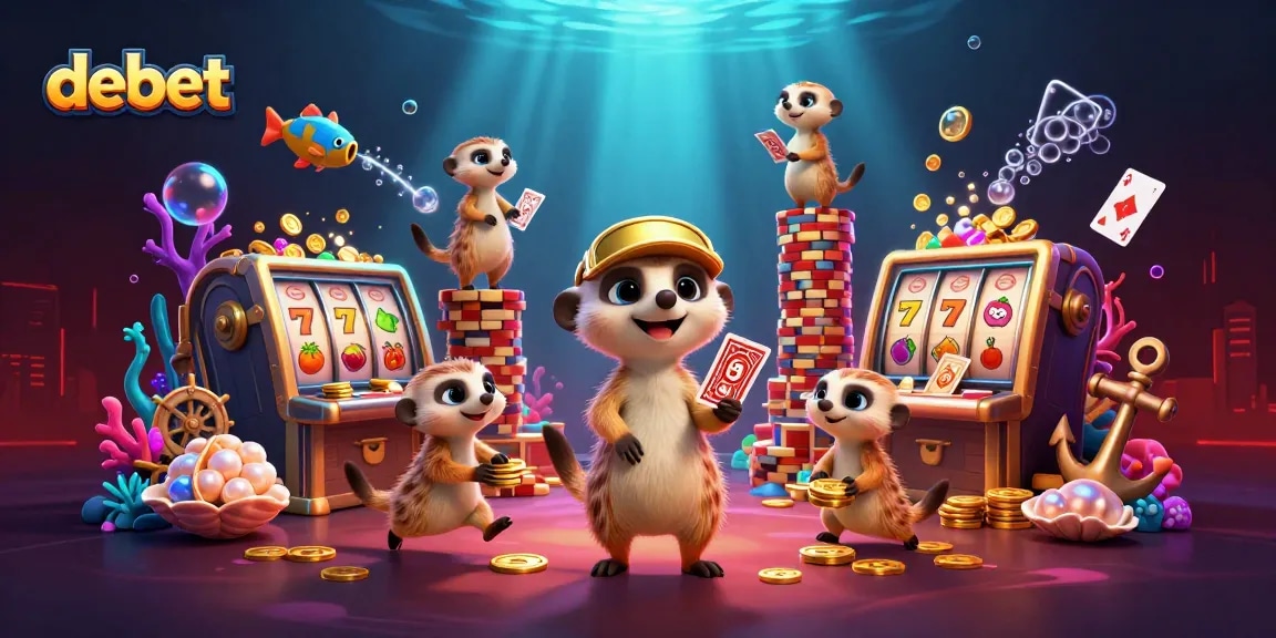 Debet casino scene with meerkats operating slot machines and sneaking chips, rich in detail.
