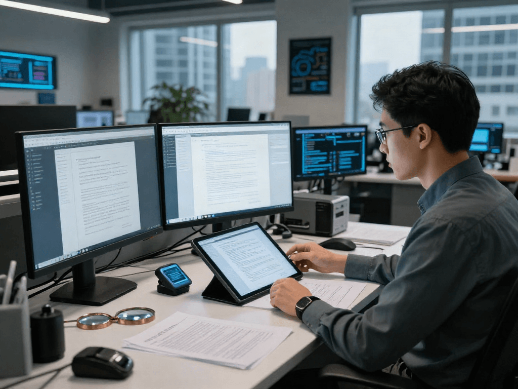 Data analyst examining documents using an advanced document fraud detection solution in a modern office setup.