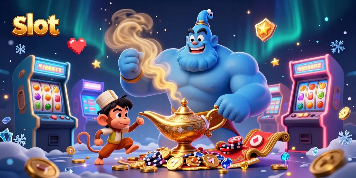 Spin vibrant slot machines in a dynamic casino scene with a magical genie and poker chips.