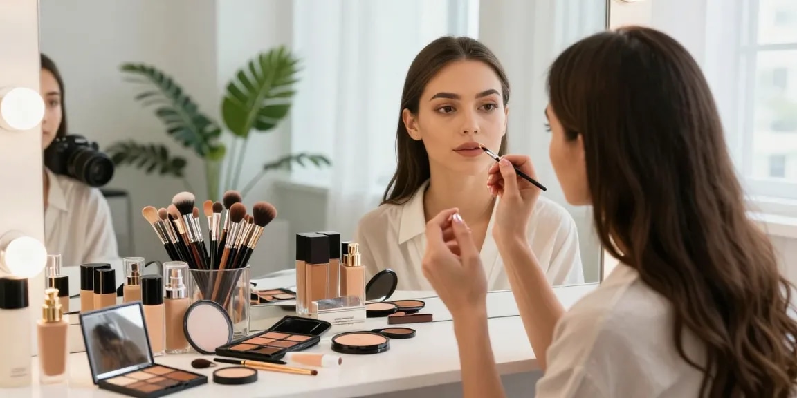 Trucco personalizzato: artista del makeup mentre applica trucco su una cliente, circondata da prodotti cosmetici in uno studio luminoso.
