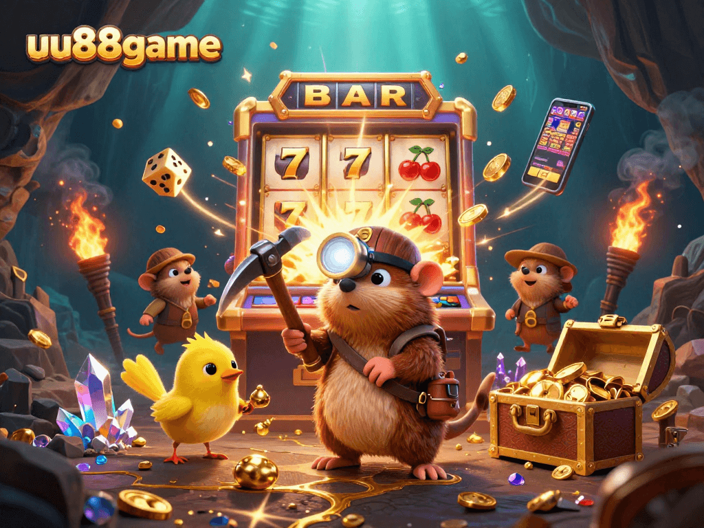 uu88game reveals a vibrant 3D casino scene with a treasure hunter, slot machine, and golden elements.